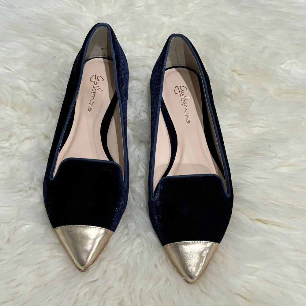 Guilhermina Anthropologie Blue Velvet Gold Toe Flats Size 6 - Picture 2 of 7
